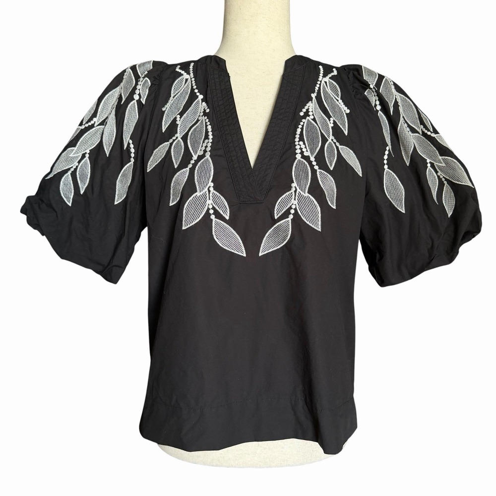 Oliver O Embroidered Botanical Puff Sleeve Boho Blouse M Folk Artsy Cottagecore